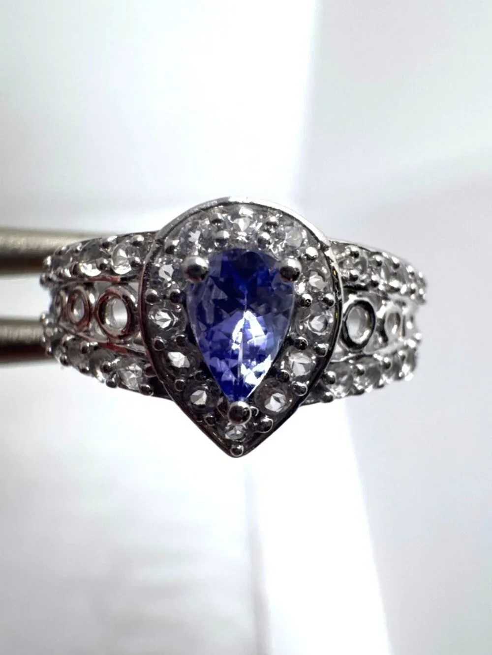 Tanzanite White Topaz Ring 925 Sterling Silver India Pear Halo Size 8 Art Deco